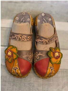 Womens Socofy Boho Handcrafted Leather Floral Slip-On Clogs Size 37 Platform